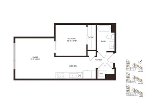 Floor plan for 1 bed, 1 bath, 613 sqft